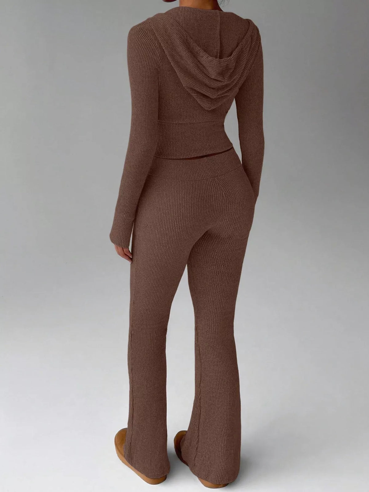 Ribbed Knit Zip-Up Hooded Top and Flared Pants Set