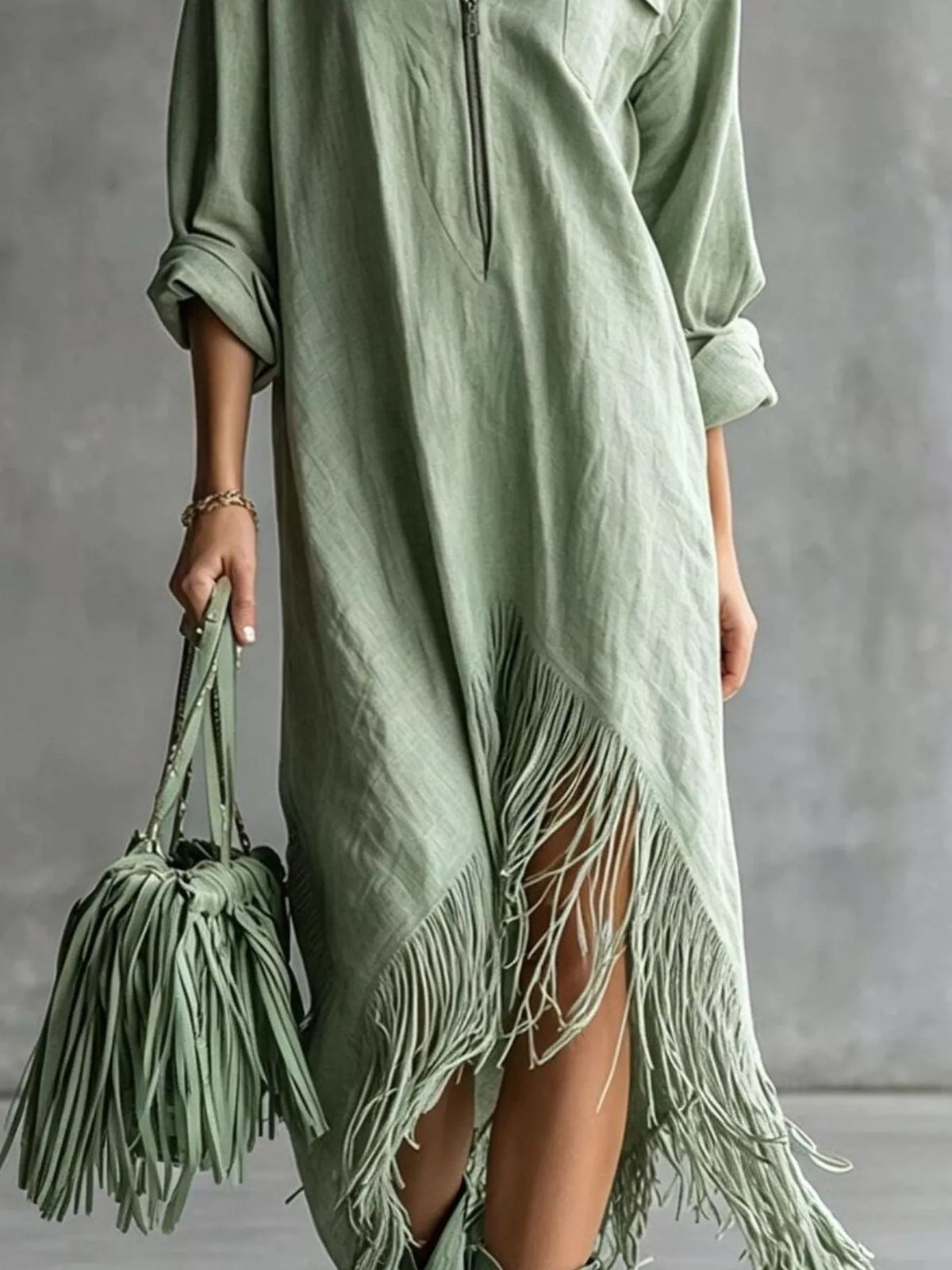 Zipper-Front Fringe Hem Midi Dress