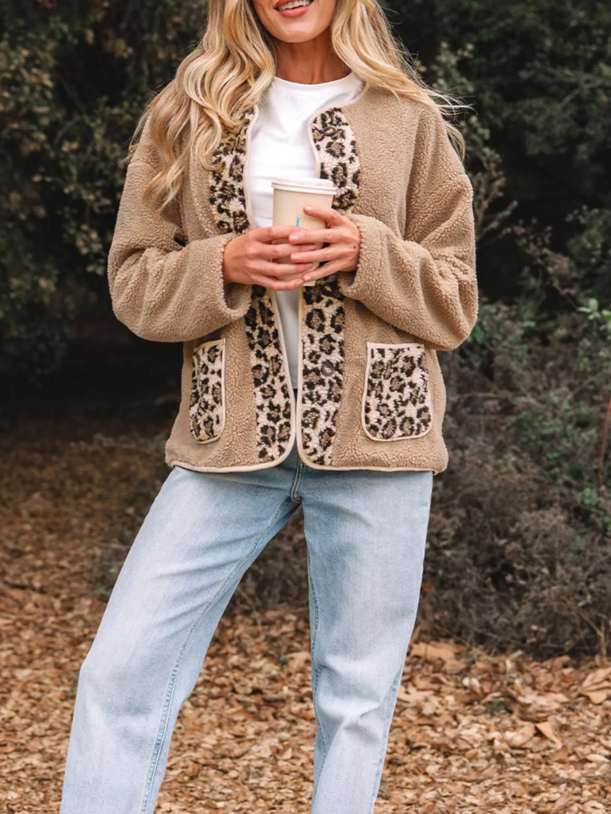 Casual Leopard Print Accent Plush Jacket with Pockets in Camel, view 6