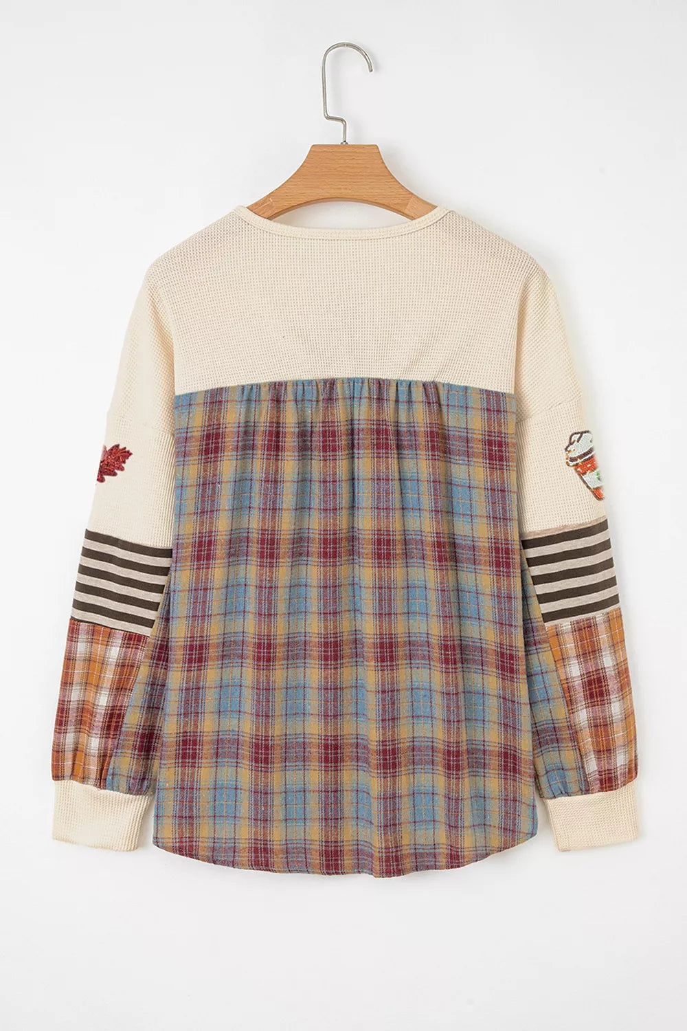 Sequin Autumn Leaf & Coffee Cup Waffle Knit Top in Beige, view 4
