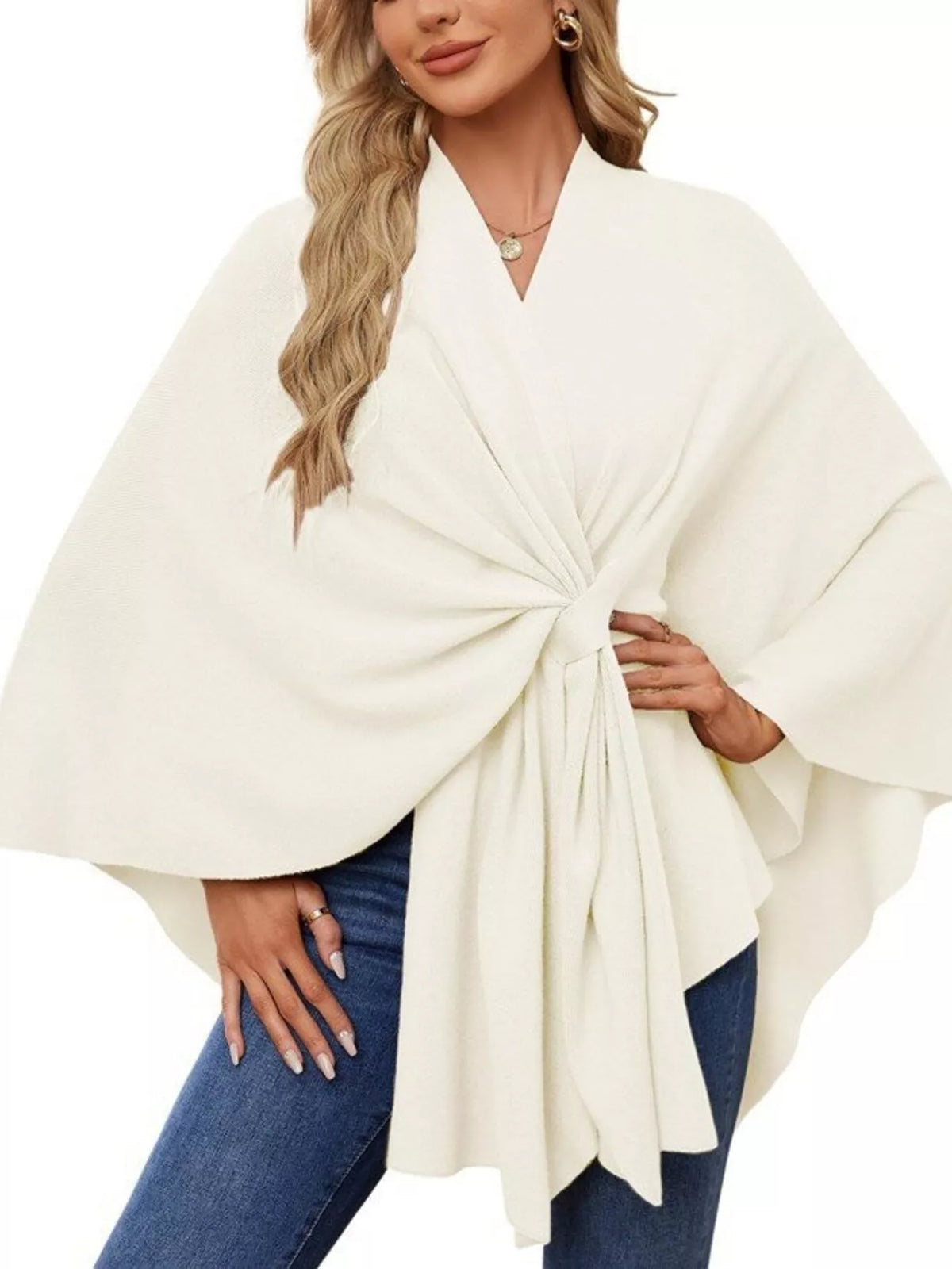 Solid Color Tie-Front Knit Cape Top in Ivory
