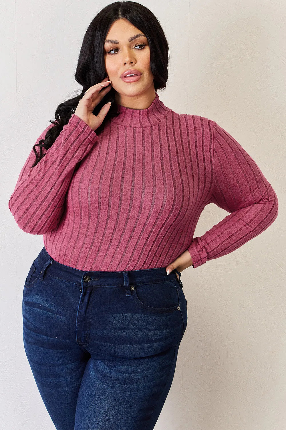 Basic Bae Full Size Ribbed Mock Neck Long Sleeve T-Shirt - Lilixa.store