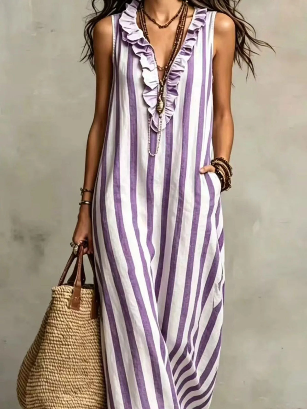Full Size Sleeveless Striped Ruffle V-Neck Maxi Dress Plus Size - Lilixa.store