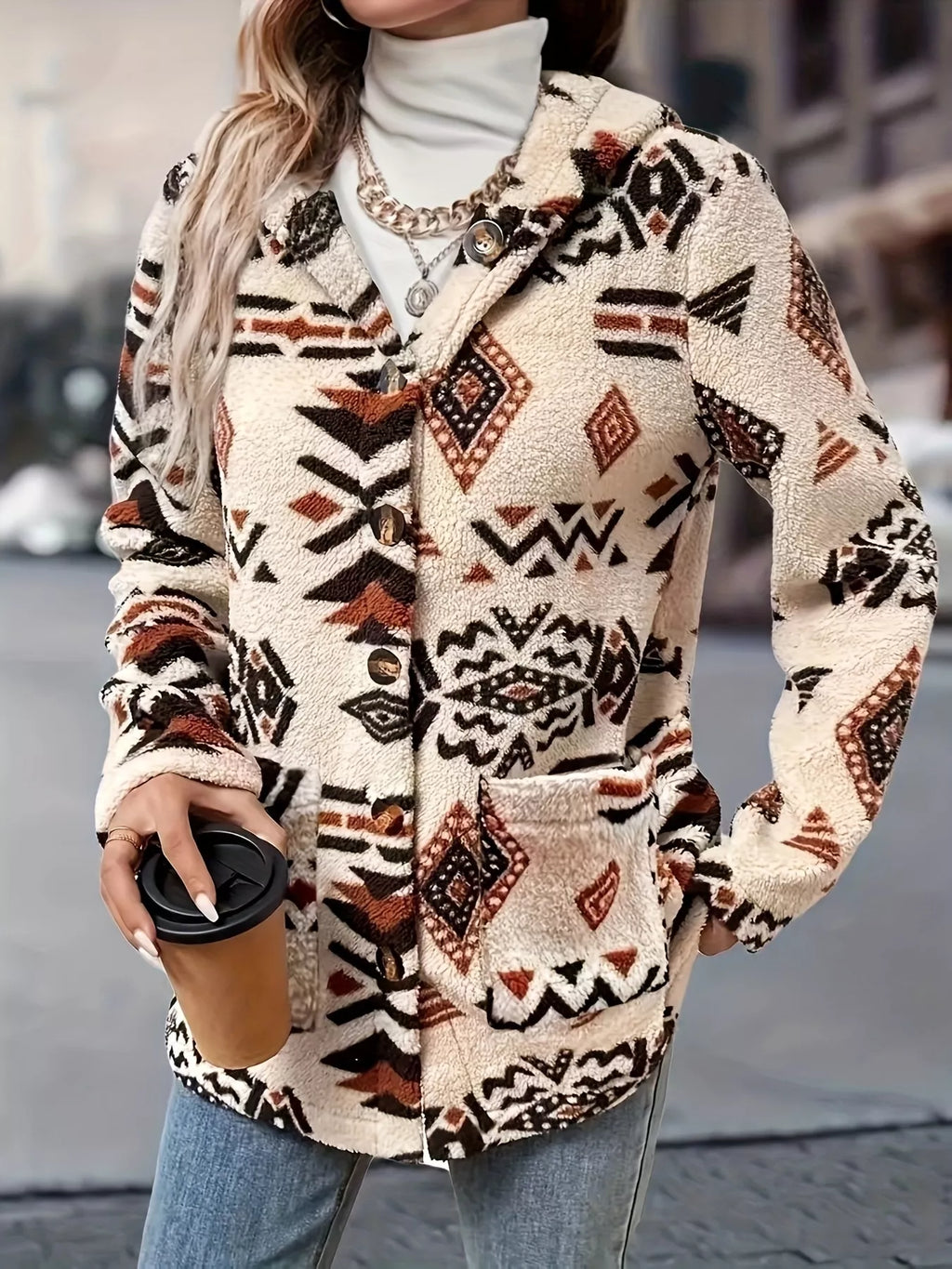 Ethnic Pattern Button-Up Fleece Outerwear - Lilixa.store