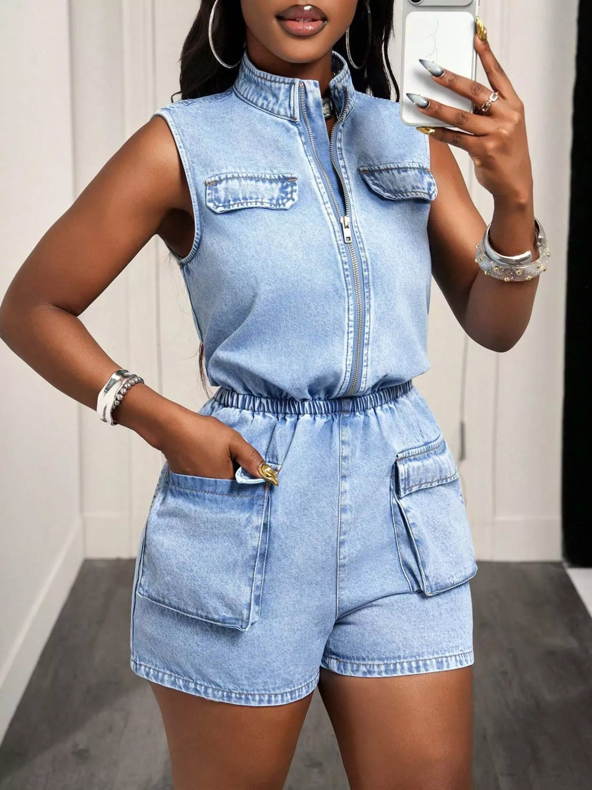 Sleeveless Zip-Front Denim Romper