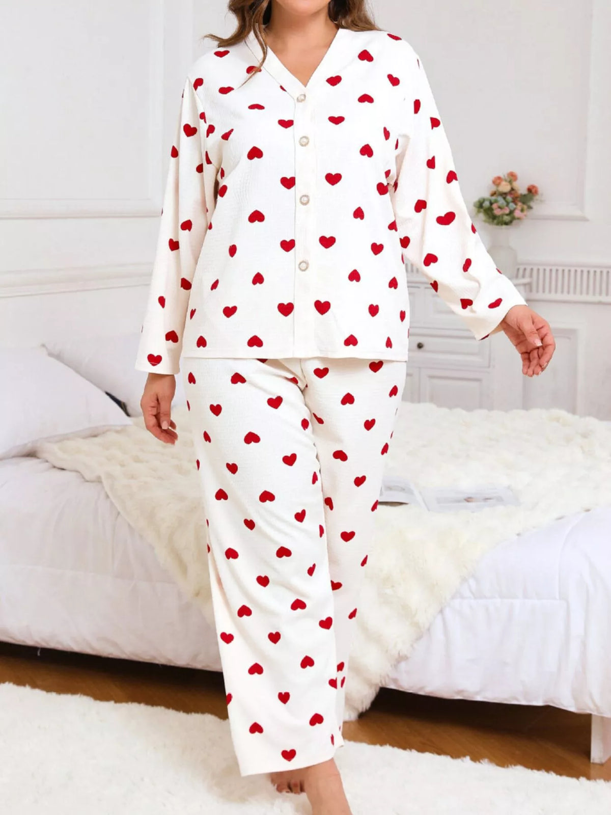 Plus Size Heart Print Button-Down Top and Pants Set