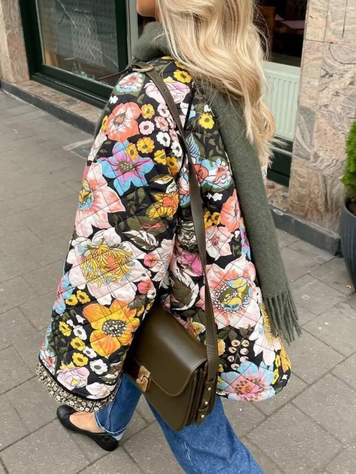 Full Size Floral Print Quilted Sherpa-Lined Jacket Plus Size - Lilixa.store