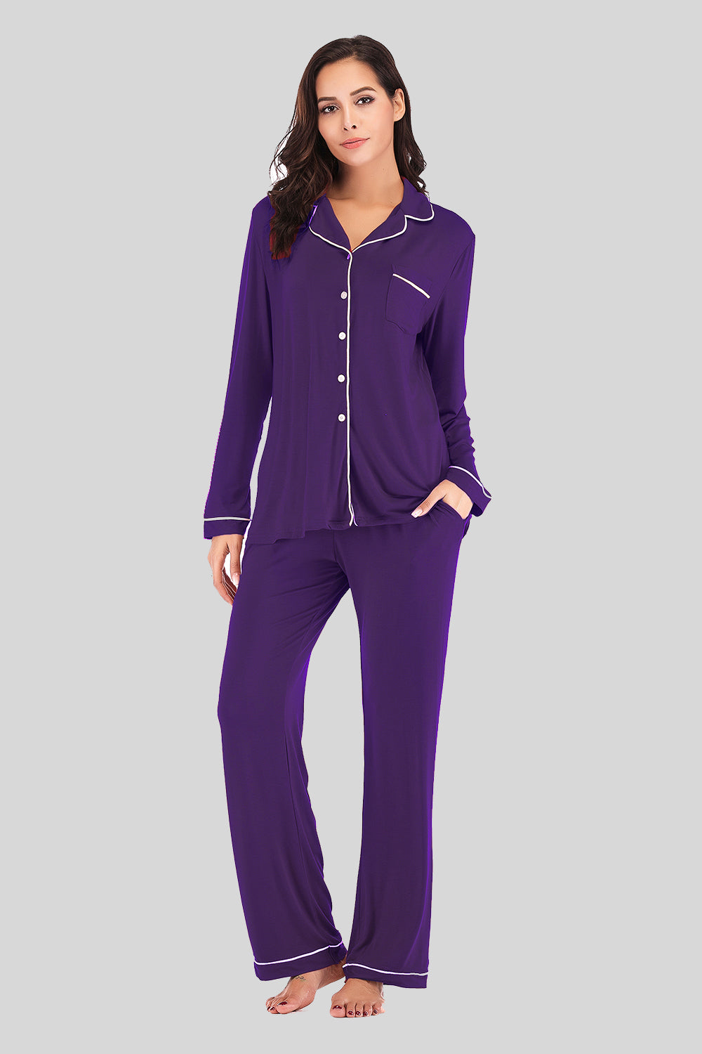 Collared Neck Long Sleeve Loungewear Set with Pockets - Lilixa.store