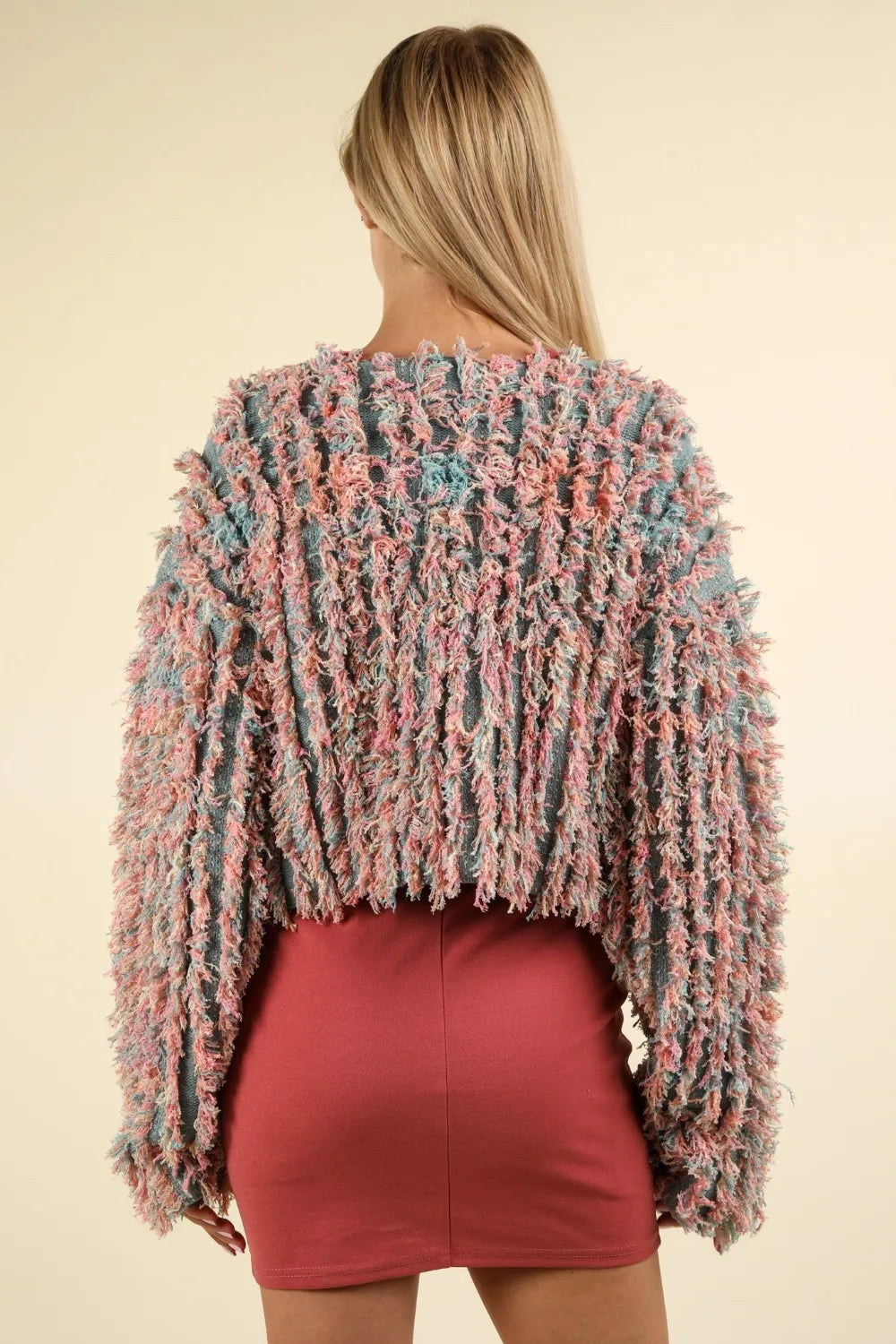 VERY J Shaggy Yarn Knit Zip Up Jacket in Green Multi, view 2