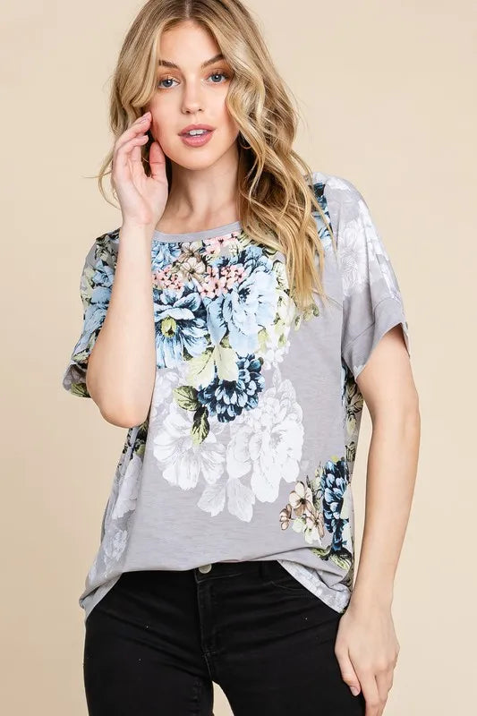 BOMBOM Floral Round Neck Short Sleeve T-Shirt - Lilixa.store
