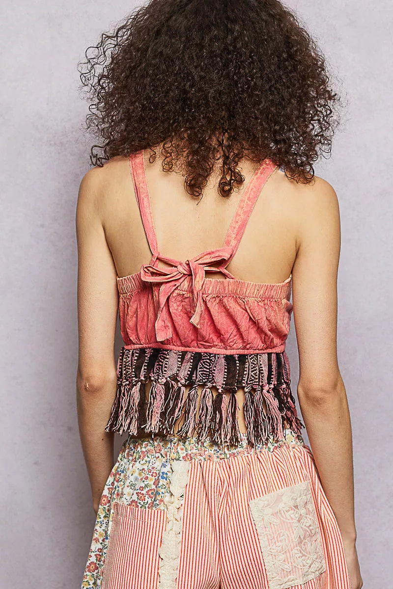 POL Lace-Up Fringe Hem Tank with Lace Detail - Lilixa.store