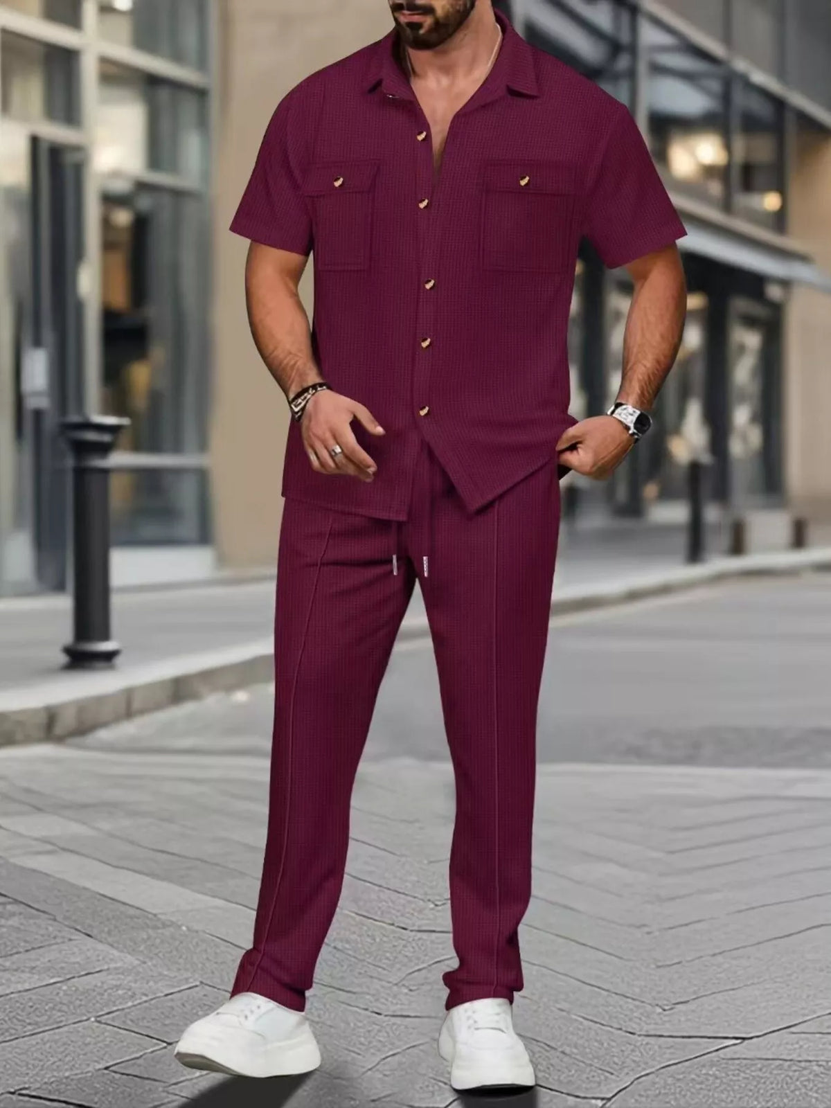 Men's Full Size Casual Short Sleeve Shirt and Pants Set Plus Size in Wine Red