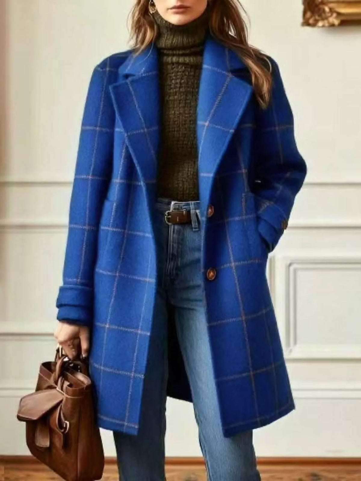 Full Size Plaid Lapel Collar Longline Single-Breasted Overcoat Plus Size