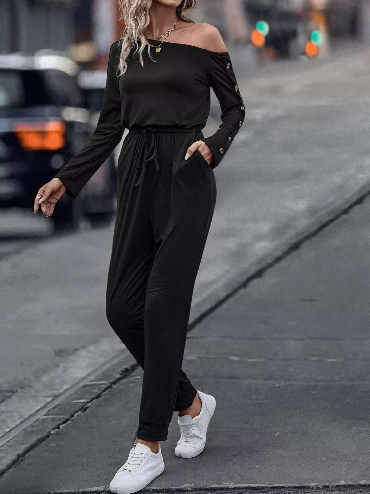 One Shoulder Long Sleeve Jumpsuit - Lilixa.store