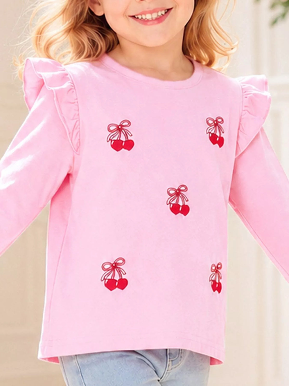 Children's Cherry & Flower Print Ruffled Long Sleeve T-Shirt - Lilixa.store