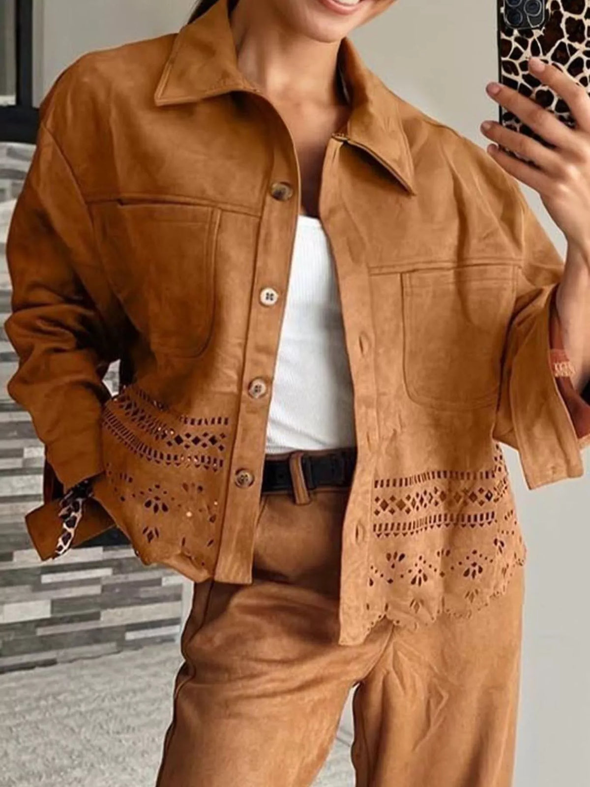 Solid Color Faux Suede Hollowed Detail Retro Style Jacket in Caramel, view 3
