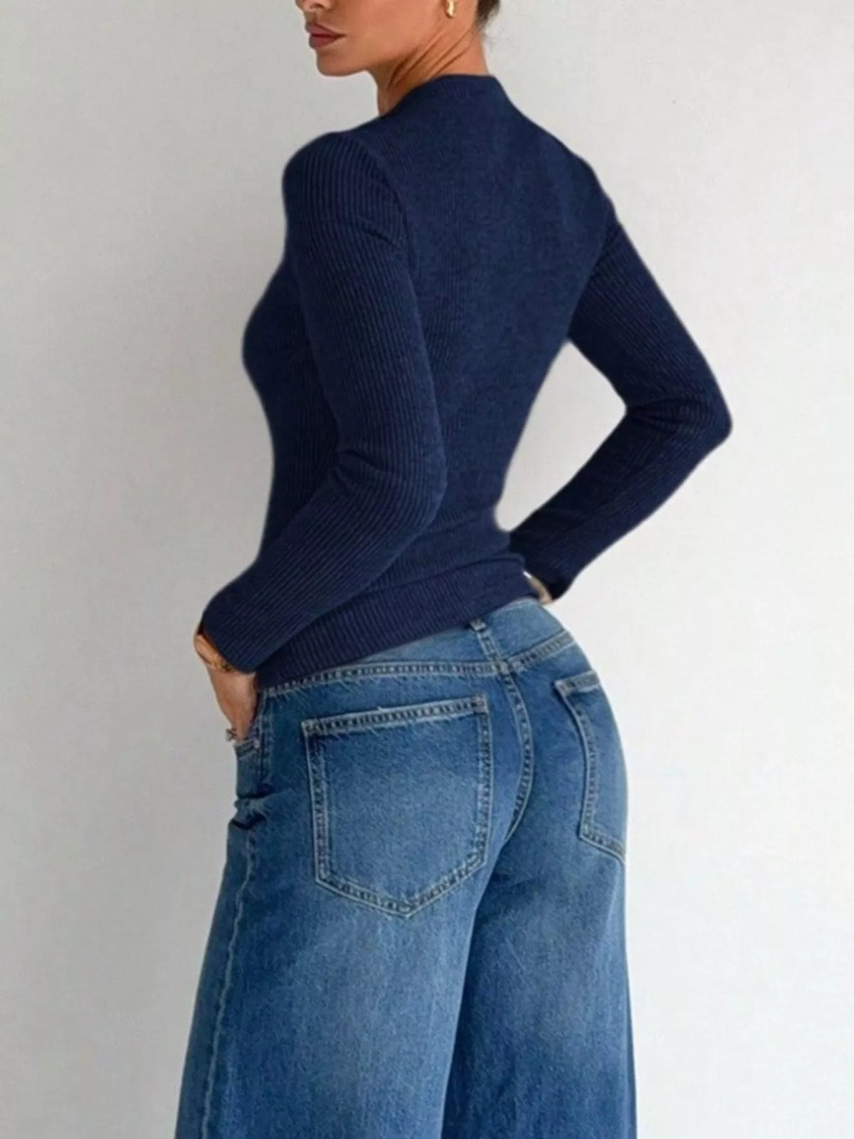 Ribbed Knit Long Sleeve T-Shirt with Metal Ring Cutout Detail, view 8