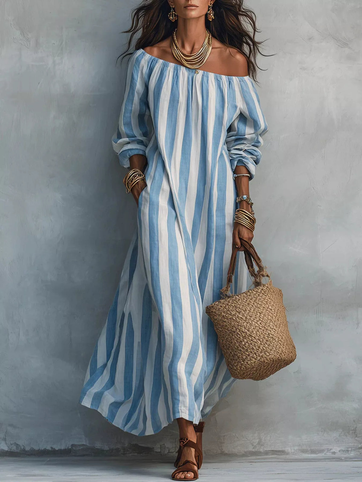 Off-Shoulder Striped Maxi Dress - Lilixa.store