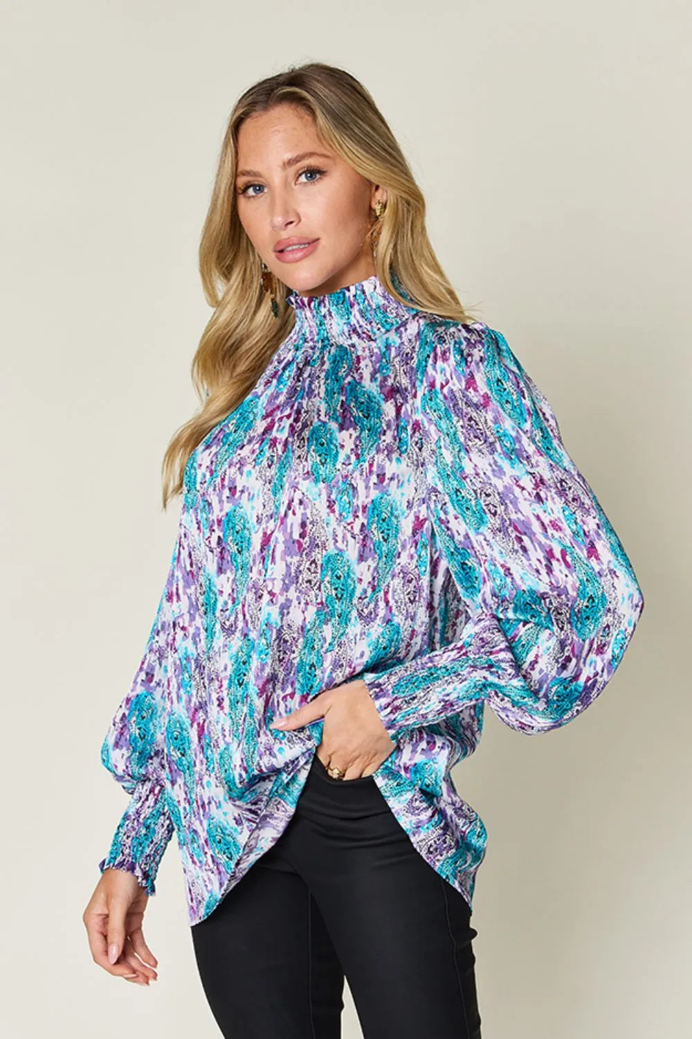 Double Take Full Size Printed Smocked Long Sleeve Blouse - Lilixa.store