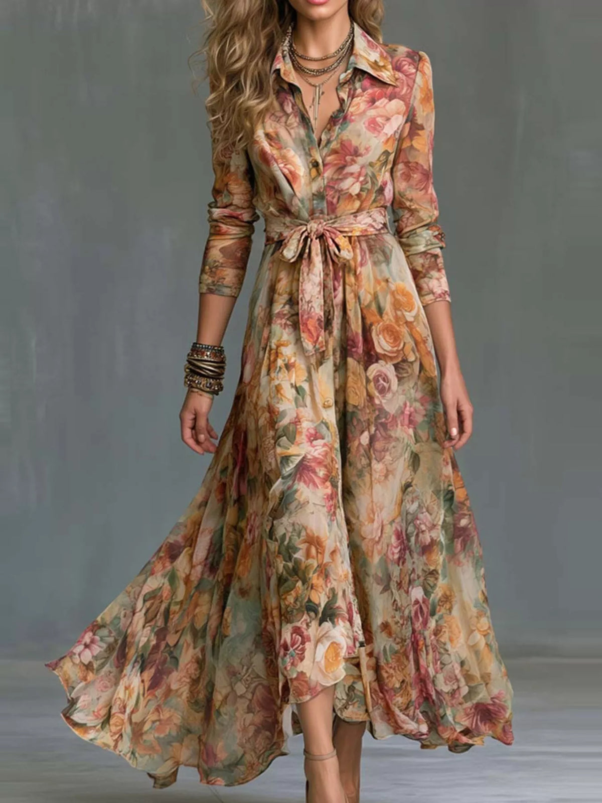 Floral Print Long Sleeve Maxi Shirt Dress - Lilixa.store