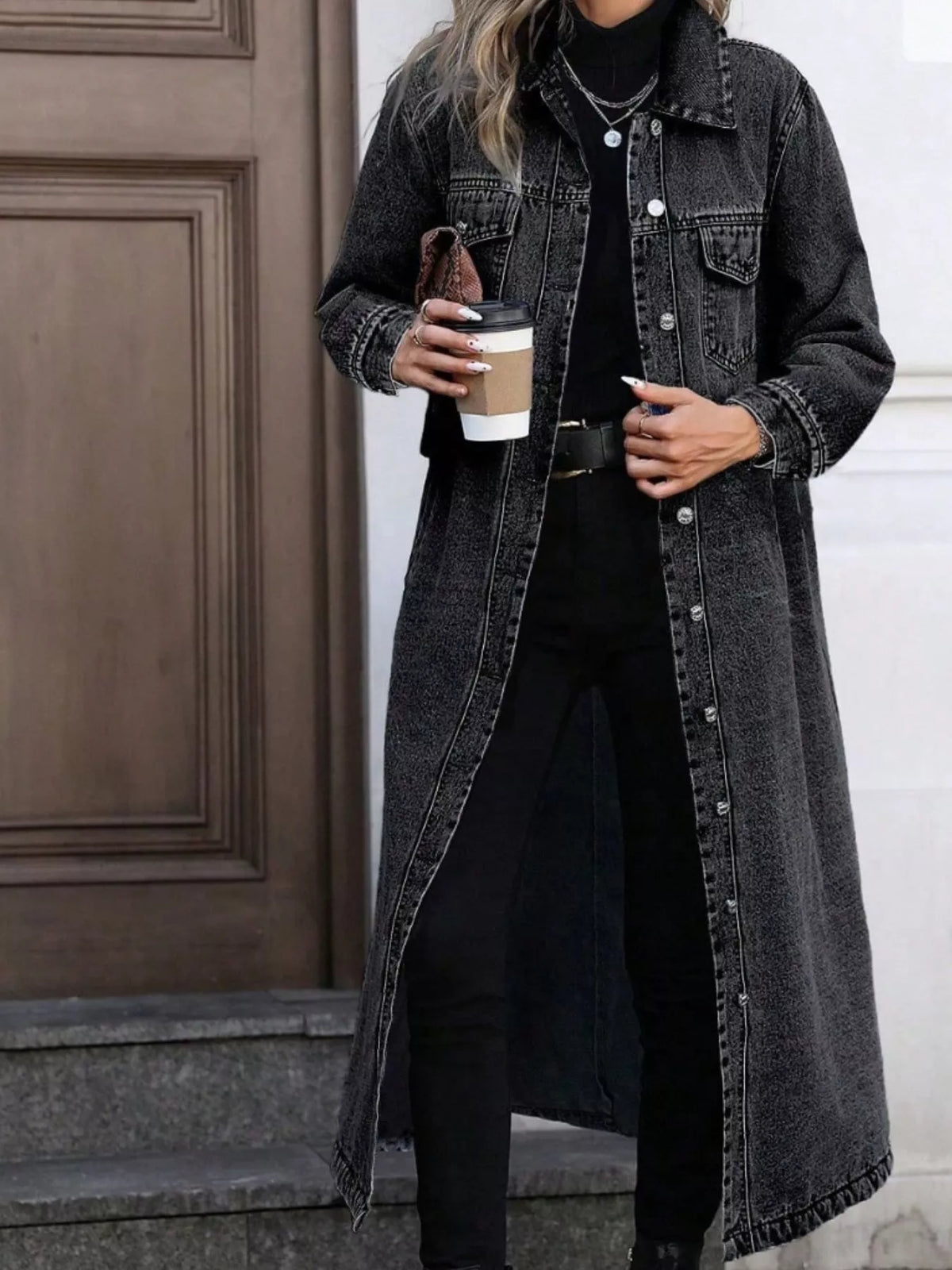 Longline Button-Front Denim Jacket, view 5