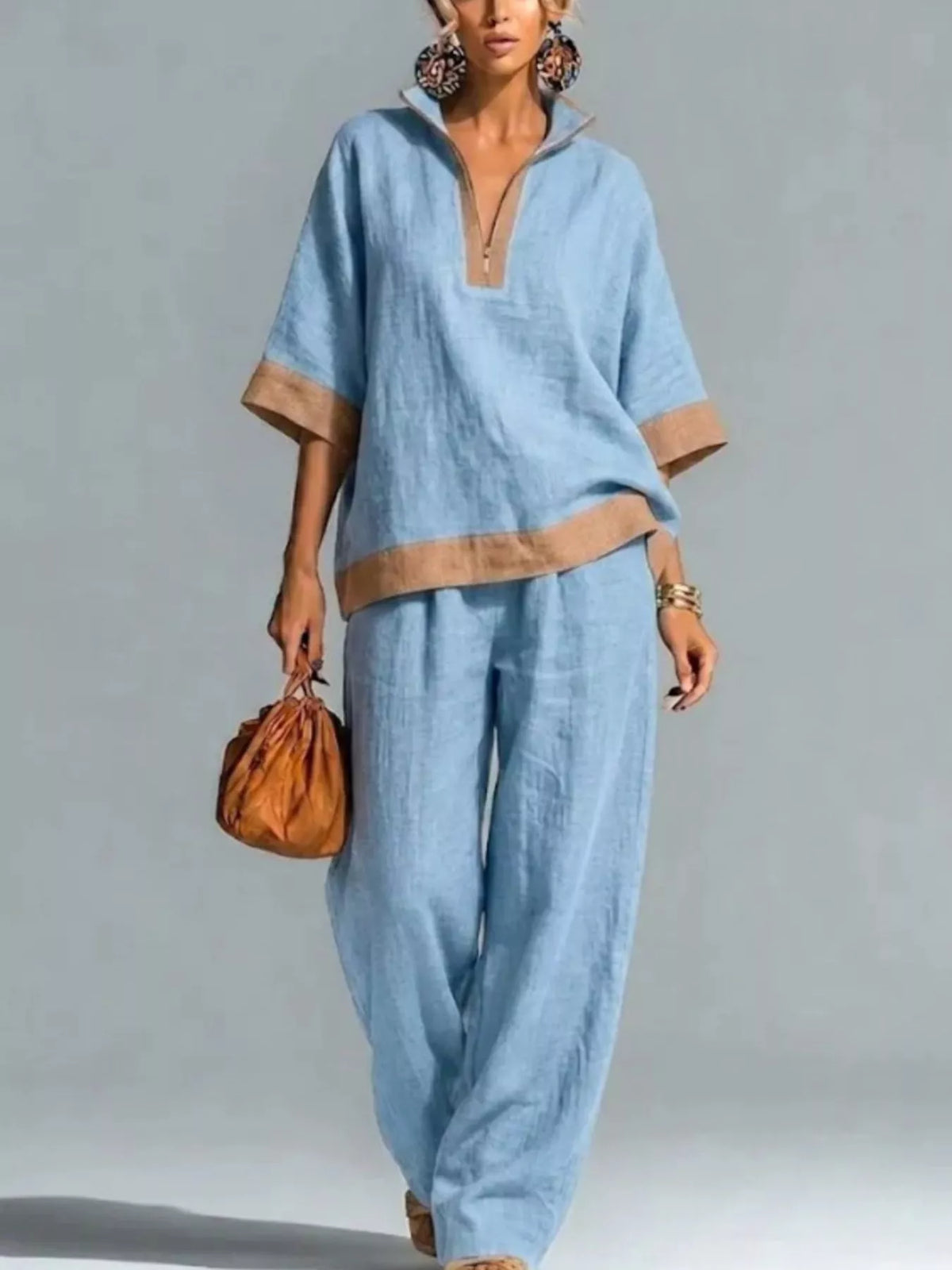 Full Size Contrast Trim Top and Wide Leg Pants Set Plus Size - Lilixa.store