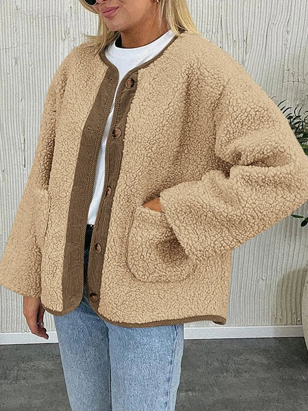 Contrast Button Up Sherpa Jacket with Pockets, view 7