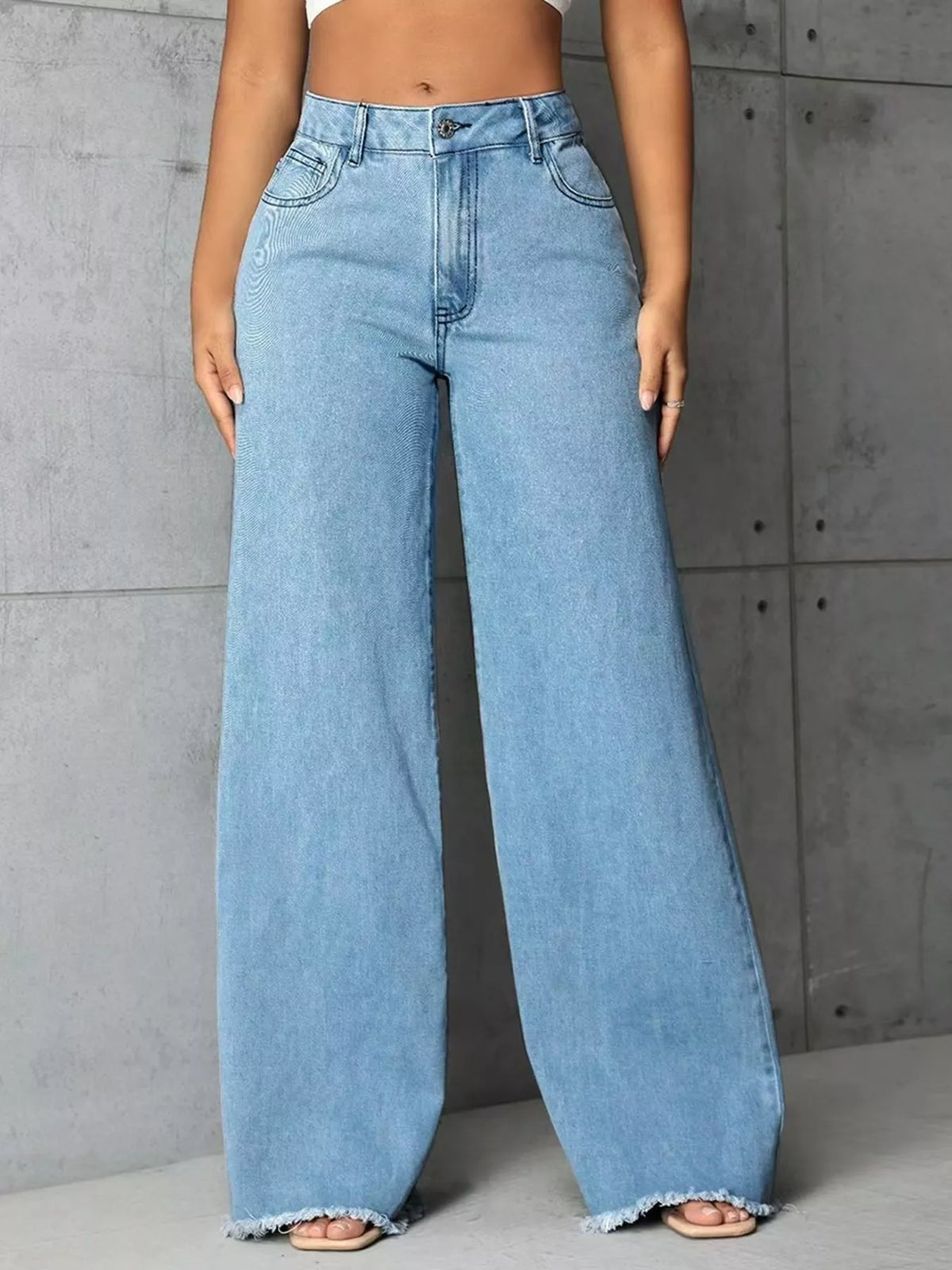 Full Size High-Waisted Wide Leg Raw Hem Jeans Plus Size in Light Blue, view 3