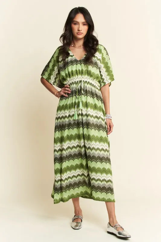 Davi & Dani Multi Color Wavy Tie Waist Flowy Sleeve Dress - Lilixa.store
