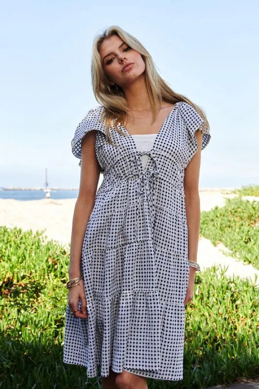 Davi & Dani Jacquard V-Neck Flutter Cap Sleeve Tiered Dress - Lilixa.store