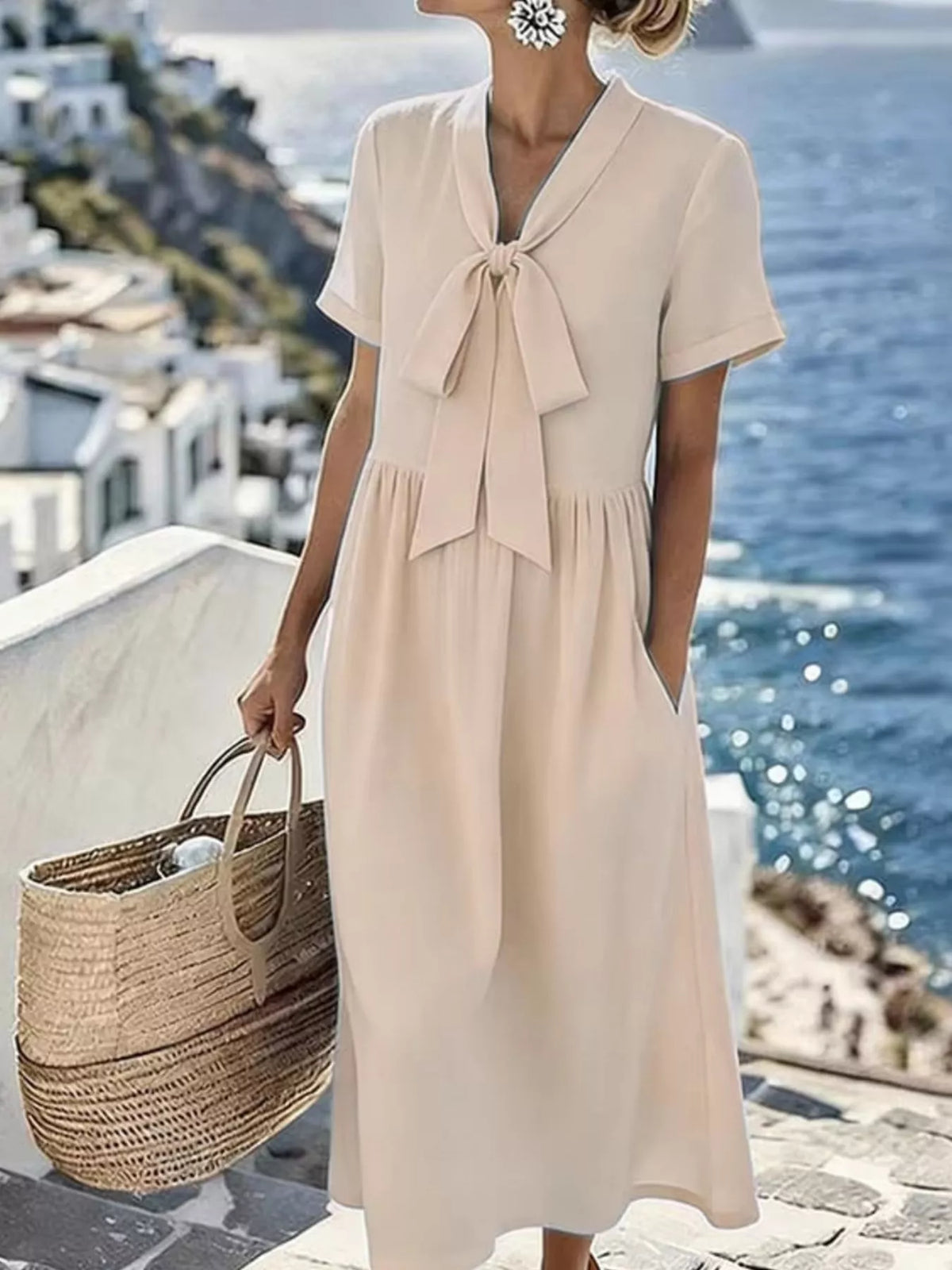 Bow-Tie Short Sleeve Midi Dress