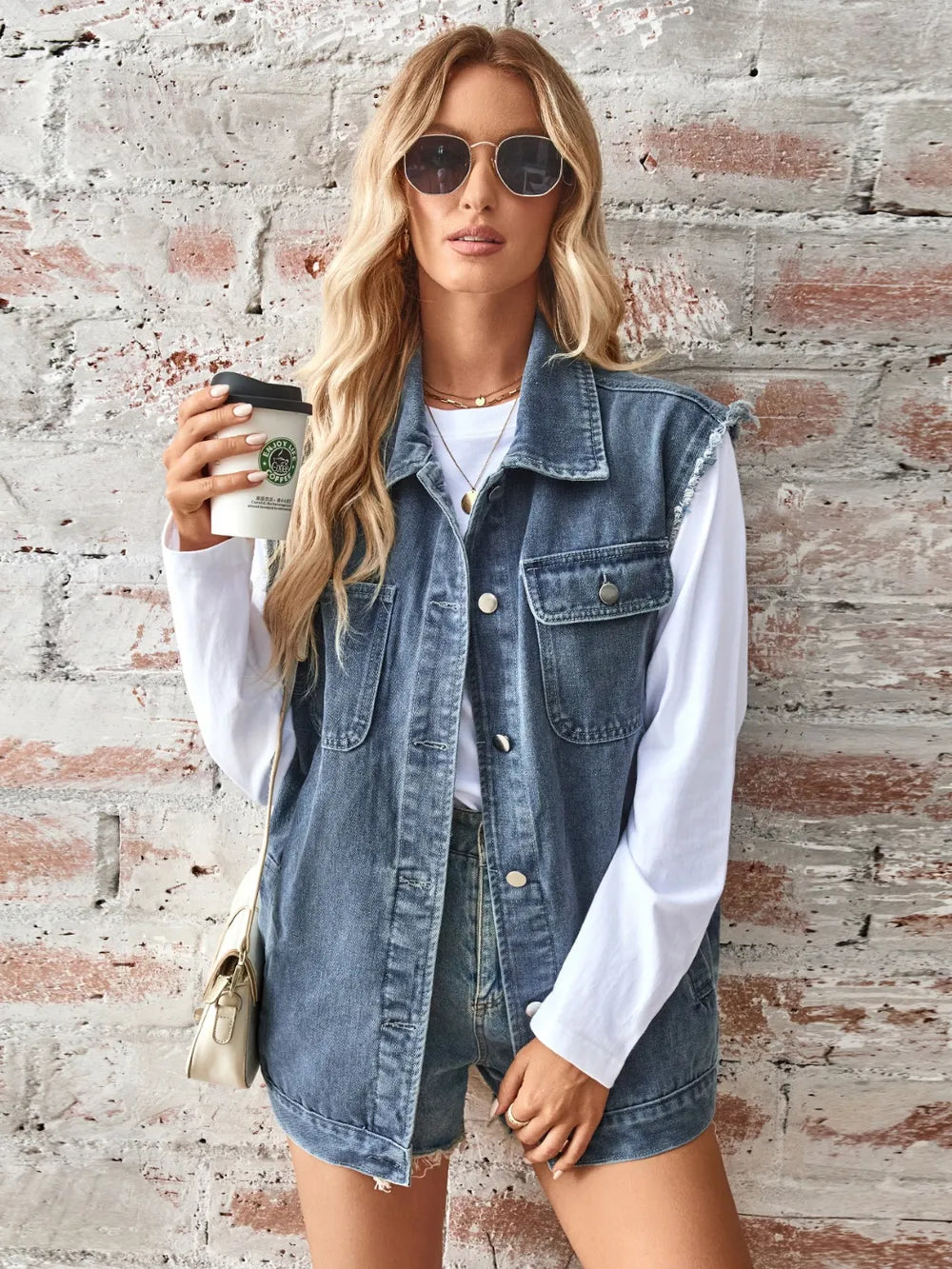 Raw Hem Sleeveless Button Up Denim Jacket, view 5