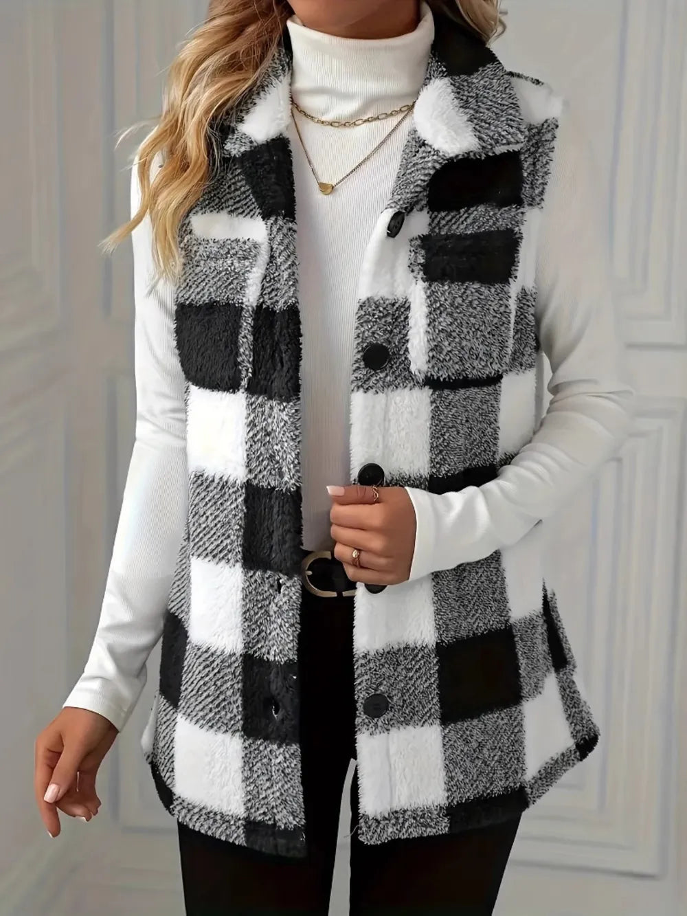 Plaid Button Up Vest Coat in Black, view 4