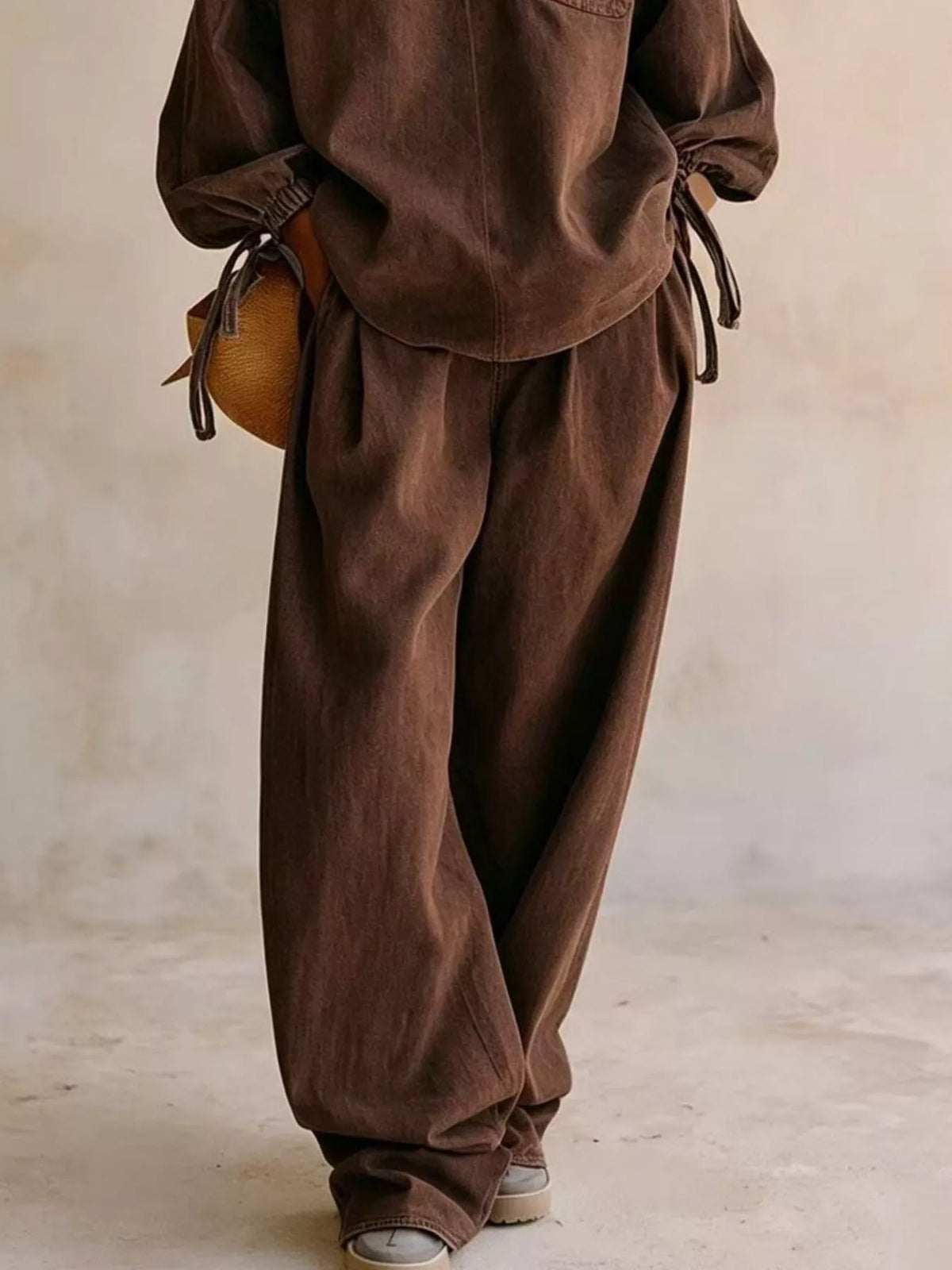 Relaxed Fit Drawstring Sleeve Detail Top and Pants Denim Set in Brown