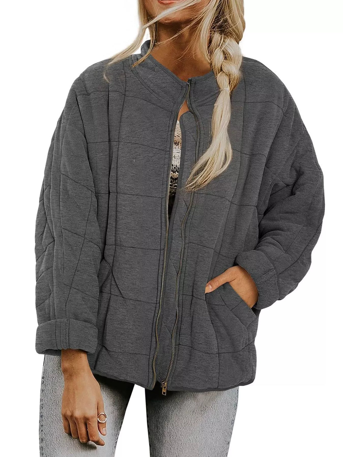 Quilted Zip Up Outerwear in Dark Gray