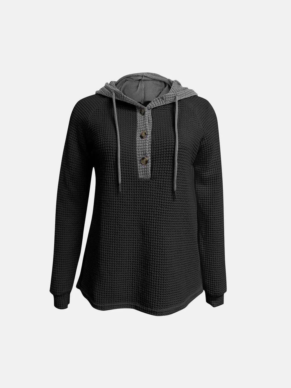 Full Size Waffle-Knit Contrast Long Sleeve Hoodie - Lilixa.store