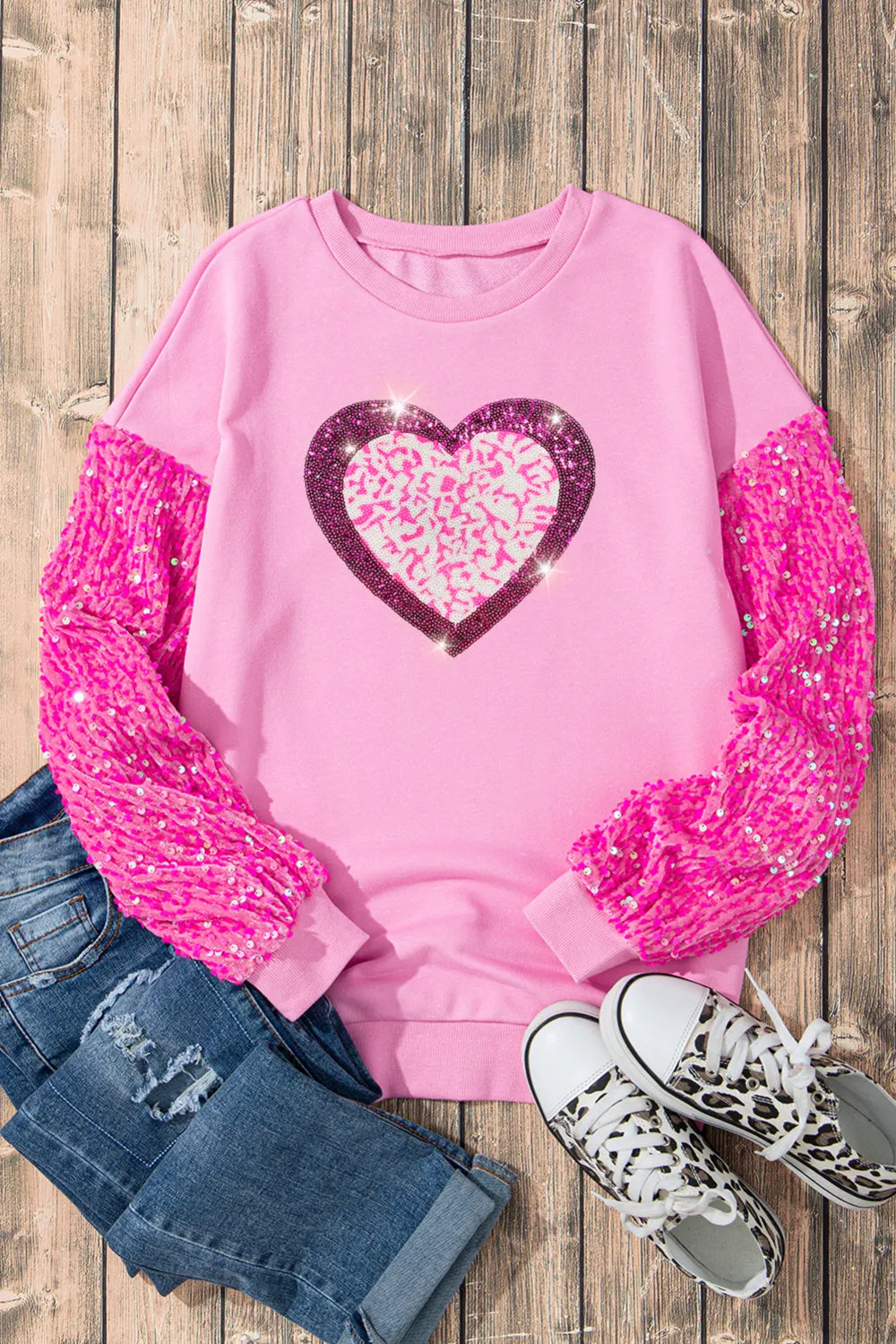 Valentine’s Day Sequin Heart Long Sleeve Sweatshirt - Lilixa.store