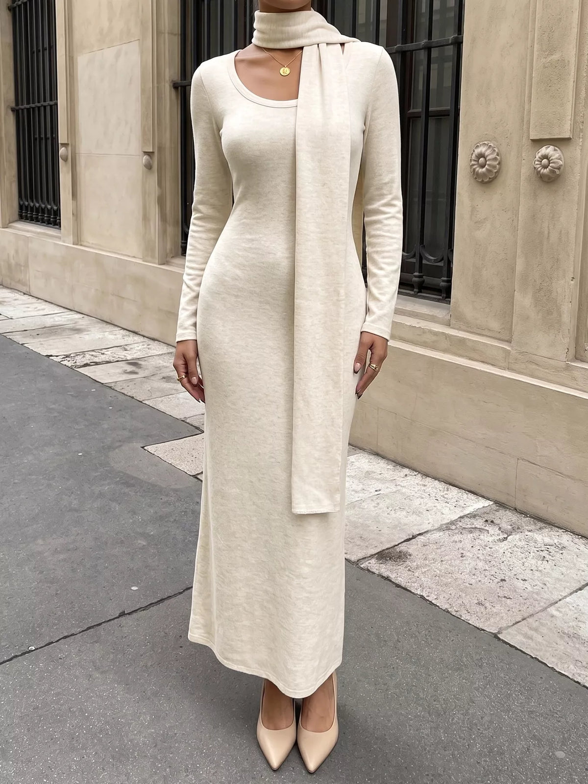 Round Neck Maxi Knit Dress with Matching Scarf - Lilixa.store
