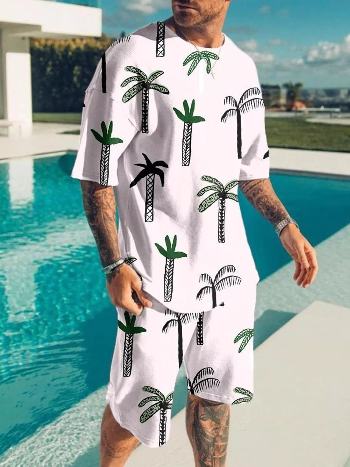 Men's Full Size Palm Tree Print Top and Shorts Set Plus Size - Lilixa.store