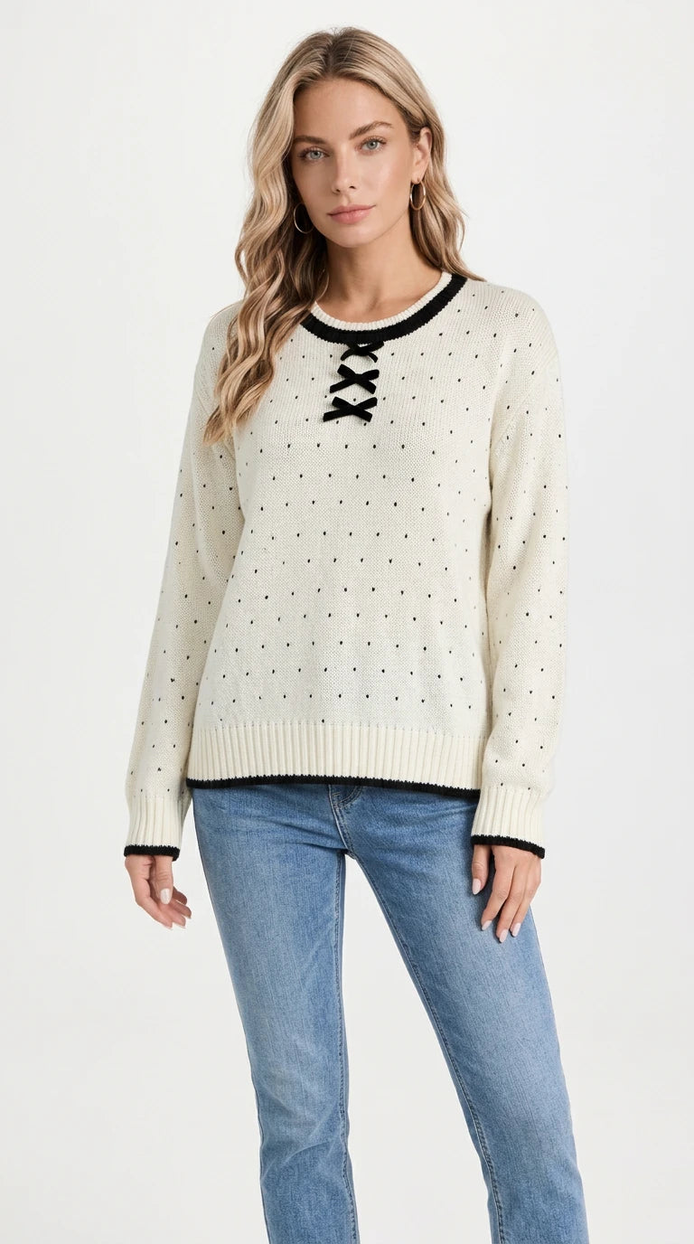 Polka Dot Lace-Up Detail Sweater in White