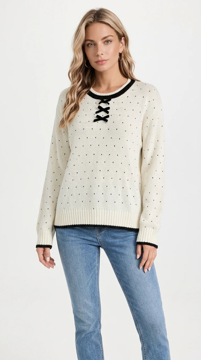 Polka Dot Lace-Up Detail Sweater in White