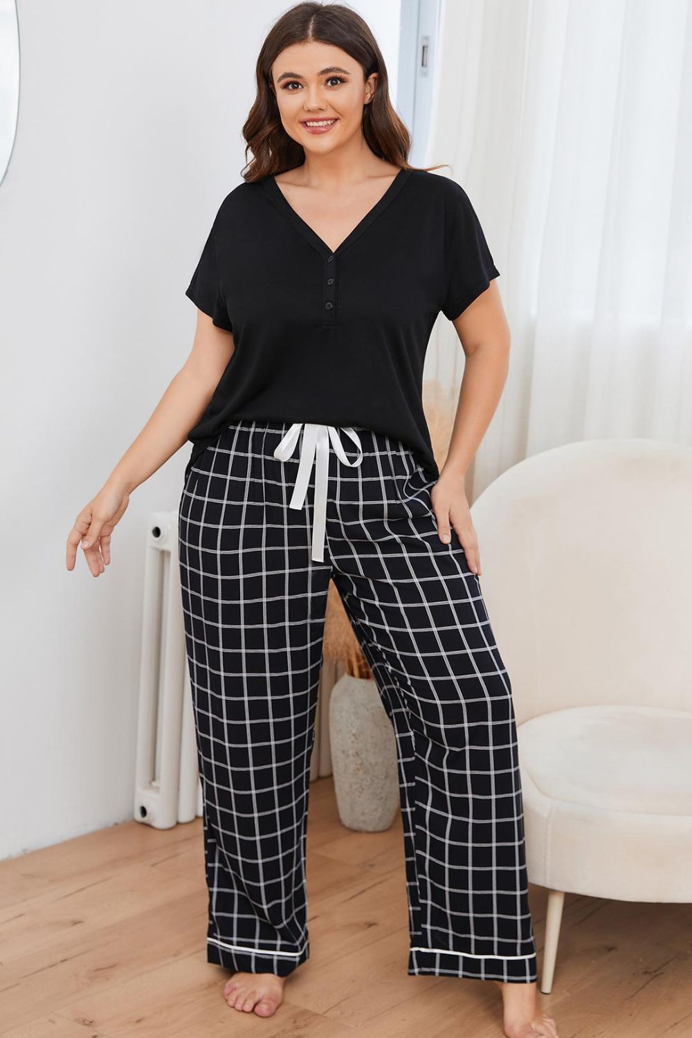 Plus Size V-Neck Top and Plaid Pants Lounge Set - Lilixa.store