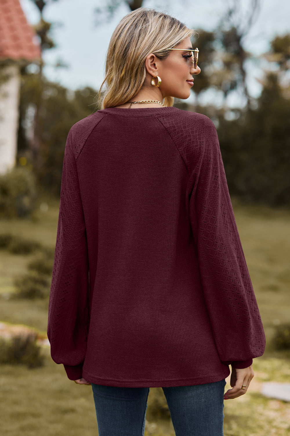 Notched Neck Raglan Sleeve Blouse, view 14