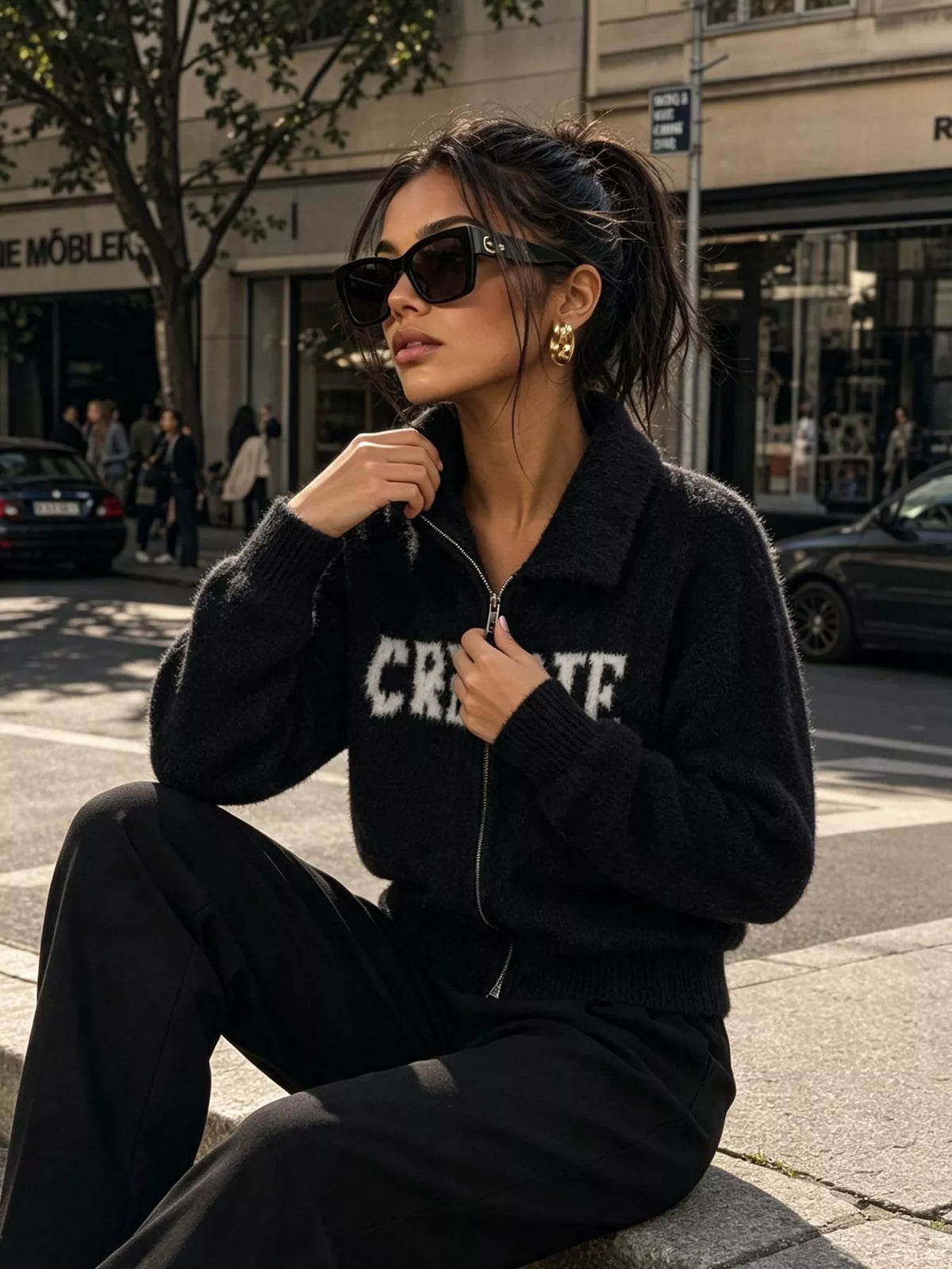 Fuzzy Letter Zip-Up Cardigan, view 9