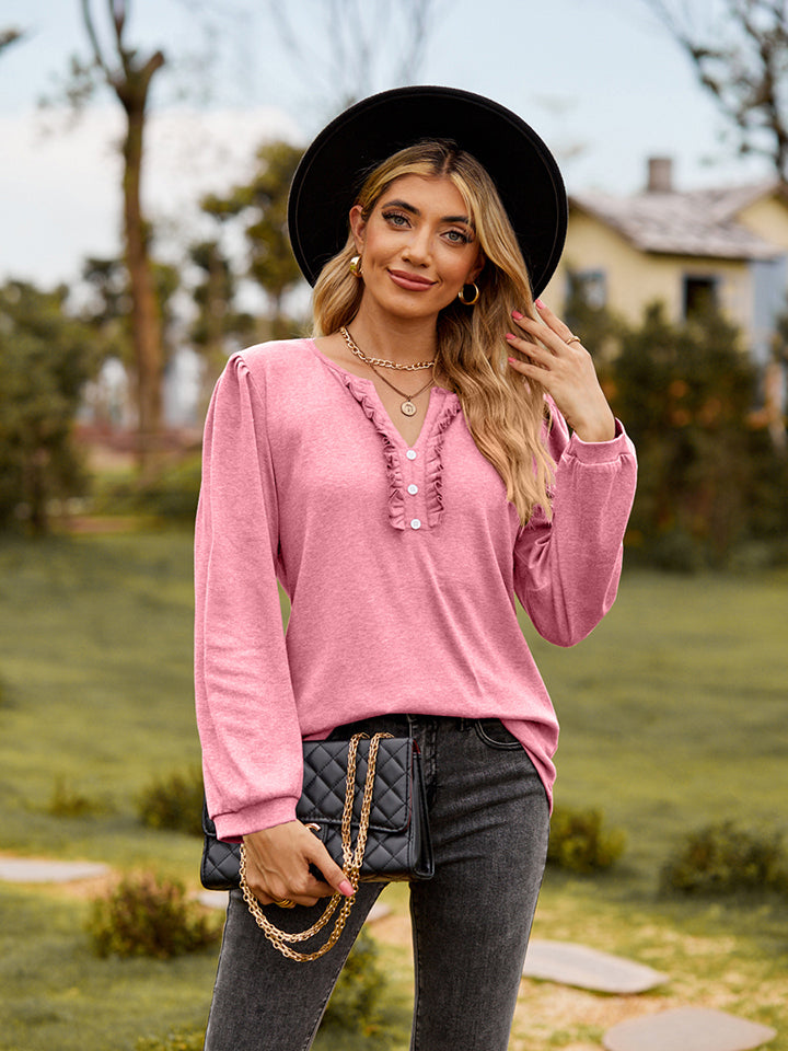 Puff Sleeve Ruffle Trim Blouse - Lilixa.store
