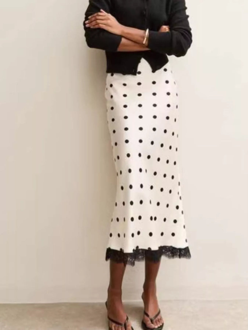 Polka Dot Midi Skirt with Lace Trim - Lilixa.store