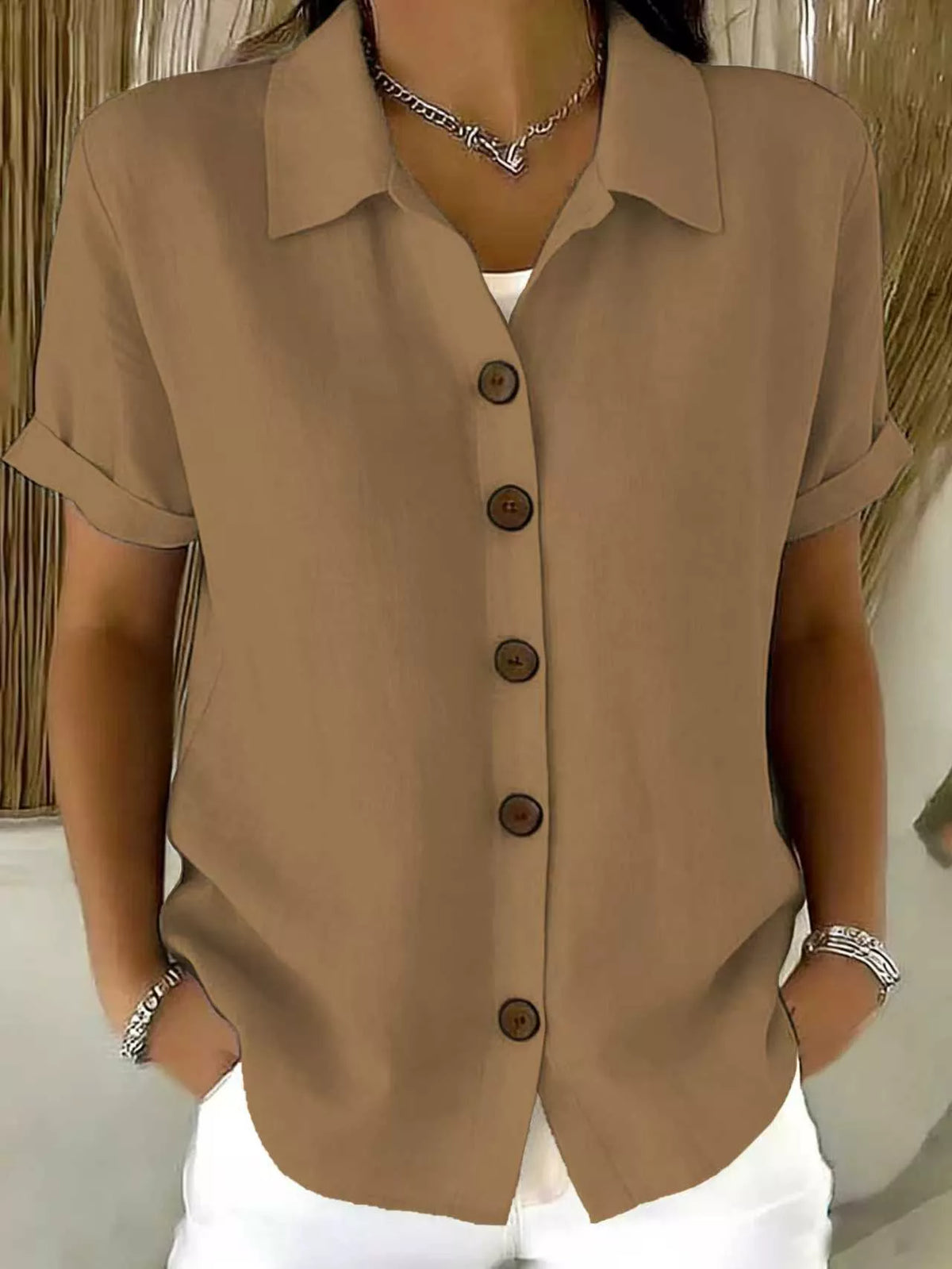 Full Size Button-Down Short Sleeve Shirt Plus Size - Lilixa.store