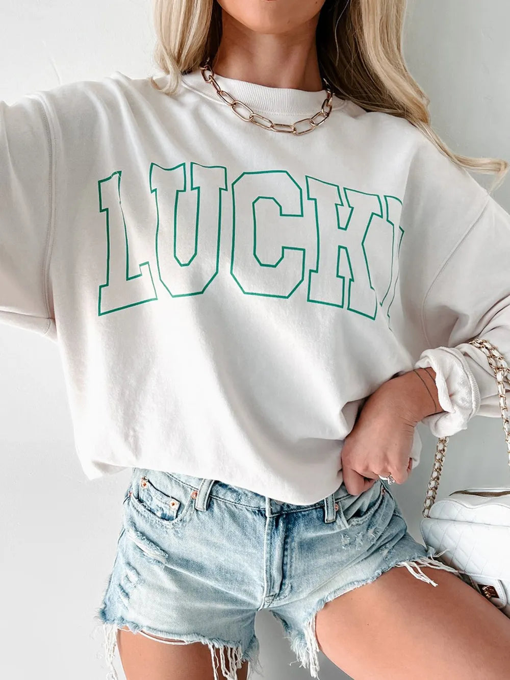 LUCKY Graphic Round Neck Long Sleeve Sweatshirt - Lilixa.store