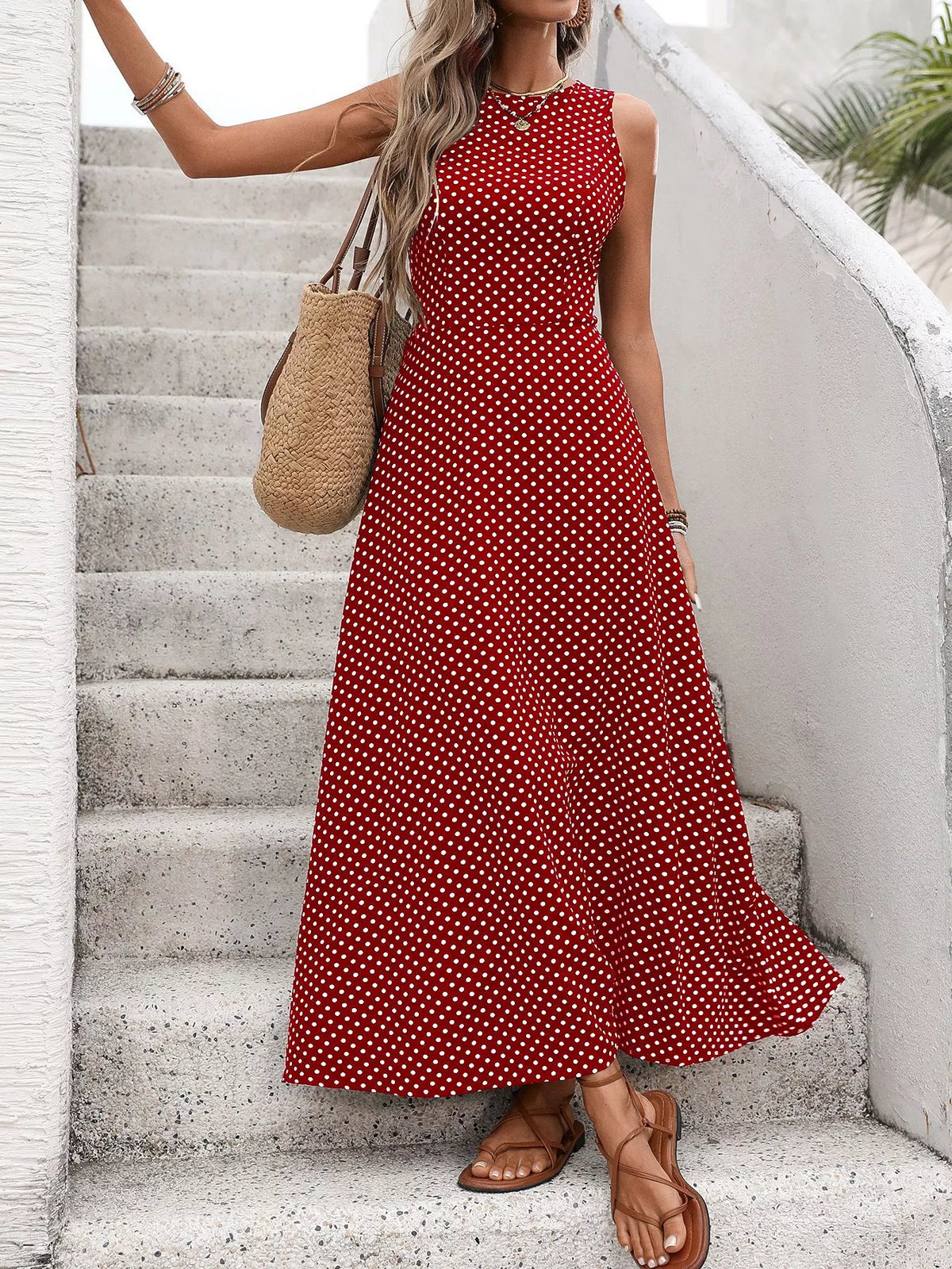Sleeveless Polka Dot Maxi Dress, view 6