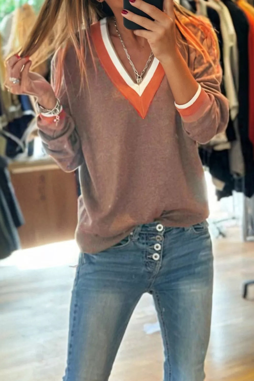 Contrast Trim V-Neck Sweater - Lilixa.store